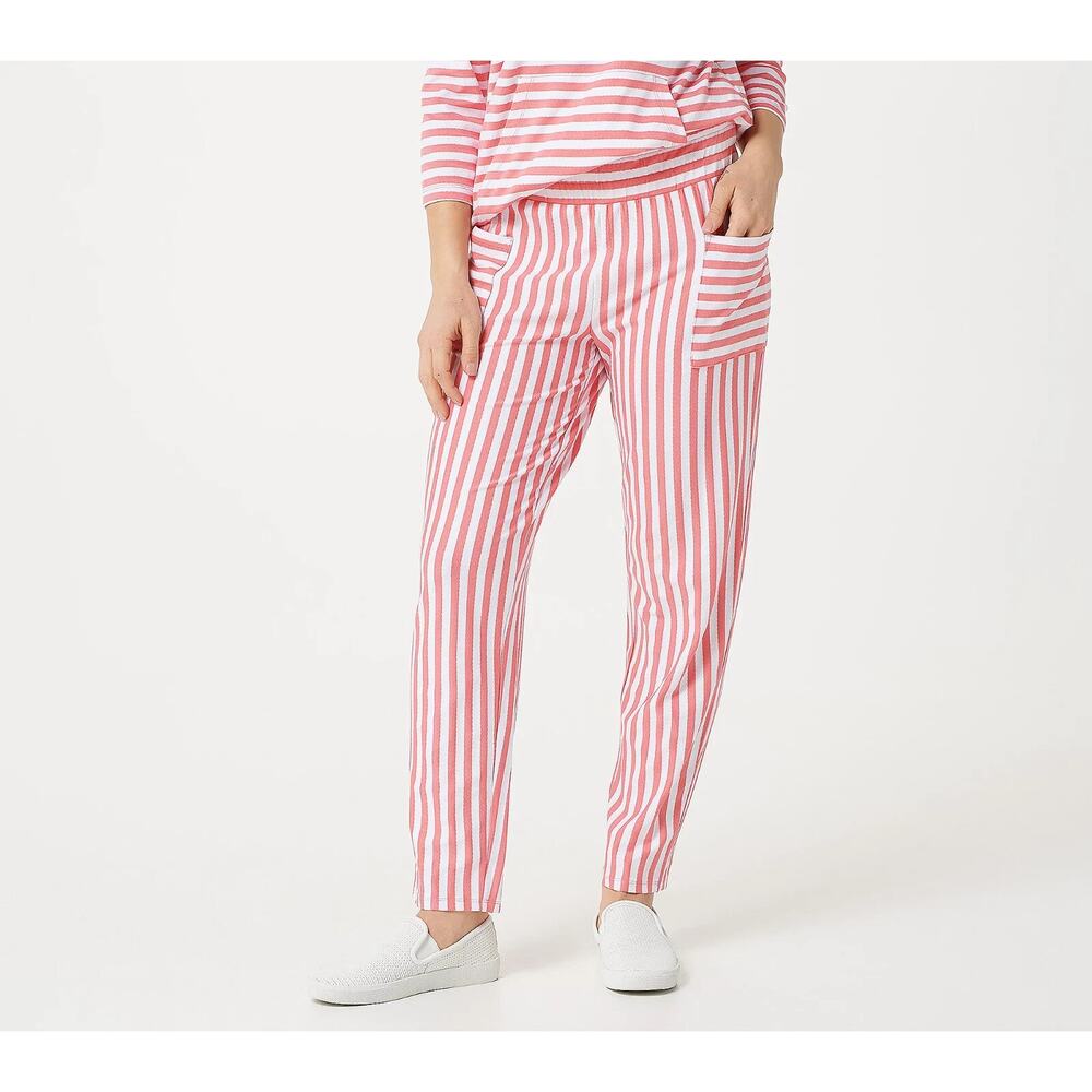 AnyBody Textured Jersey Tapered Pant Side Pockets Hot Coral White S NEW A393062